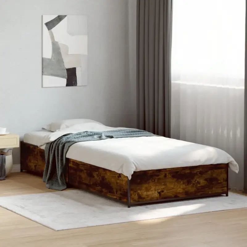 Bedframe met metalen poten en multiplex lattenbodem van bewerkt hout - Gerookt eiken / 75 x 190 cm / 29 cm - Bedden &
