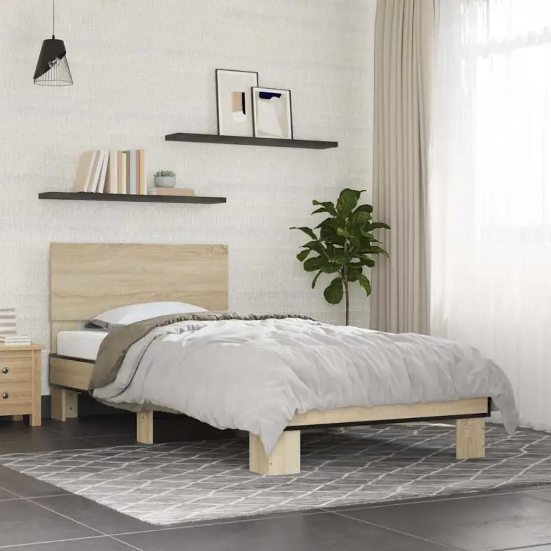 Bedframe met multiplex lattenbodem en bewerkt hout voor een goede nachtrust - Sonoma eiken / 75 x 190 cm - Bedden &