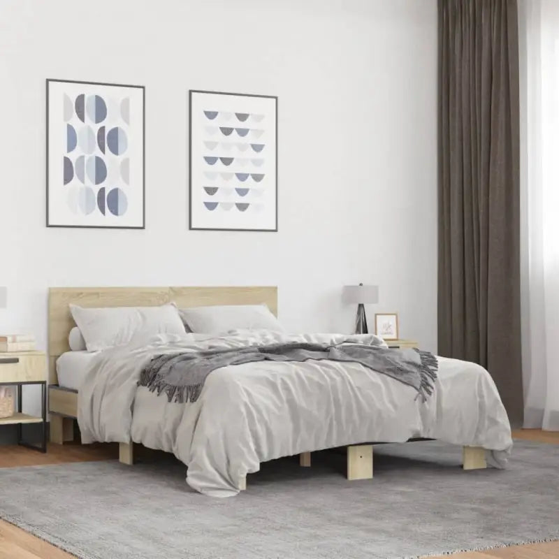 Bedframe met multiplex lattenbodem en bewerkt hout voor een goede nachtrust - Sonoma eiken / 140 x 200 cm - Bedden &
