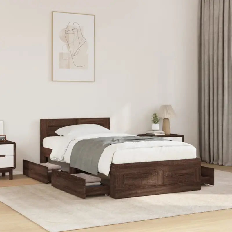 Bedframe van bewerkt hout voor een comfortabele slaapkamer - bruin eikenkleur / 75 x 190 cm - Bedden & bedframes
