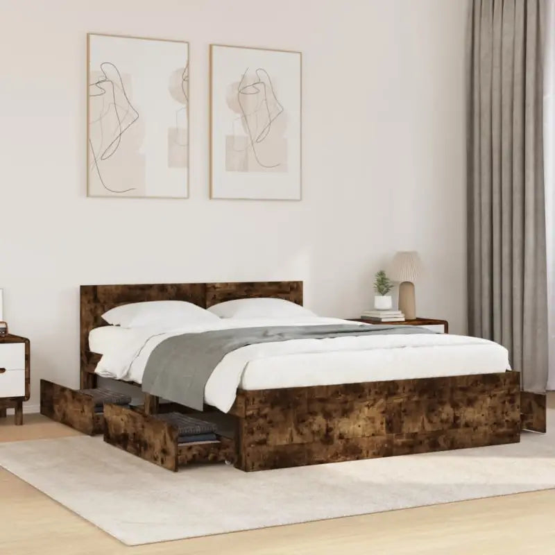 Bedframe van bewerkt hout voor een comfortabele slaapkamer - Gerookt eiken / 120 x 190 cm - Bedden & bedframes