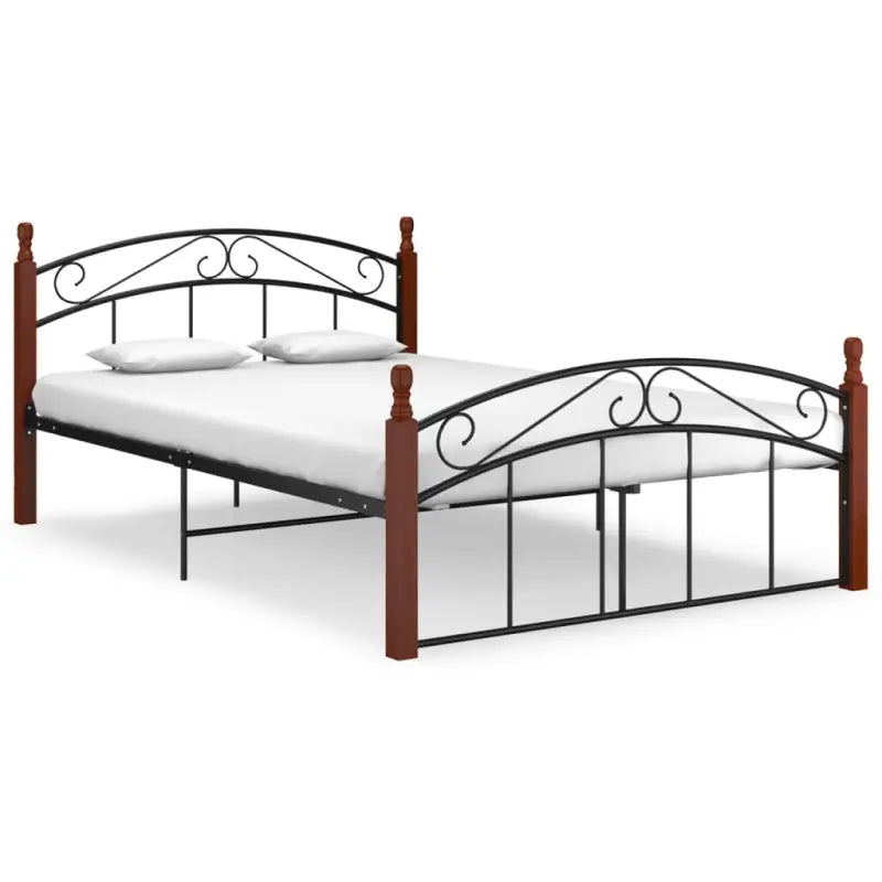 Bedframe van massief eikenhout en gepoedercoat metaal voor warme slaapkamer - Donkerbruin / 140 x 200 cm - Bedden &