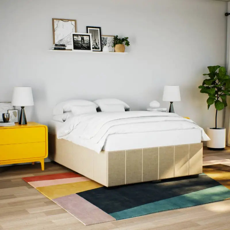 Bedframe van massief grenenhout met ademend vermogen en zacht polyesterweefsel - Crème / 140 x 200 cm - Bedden &