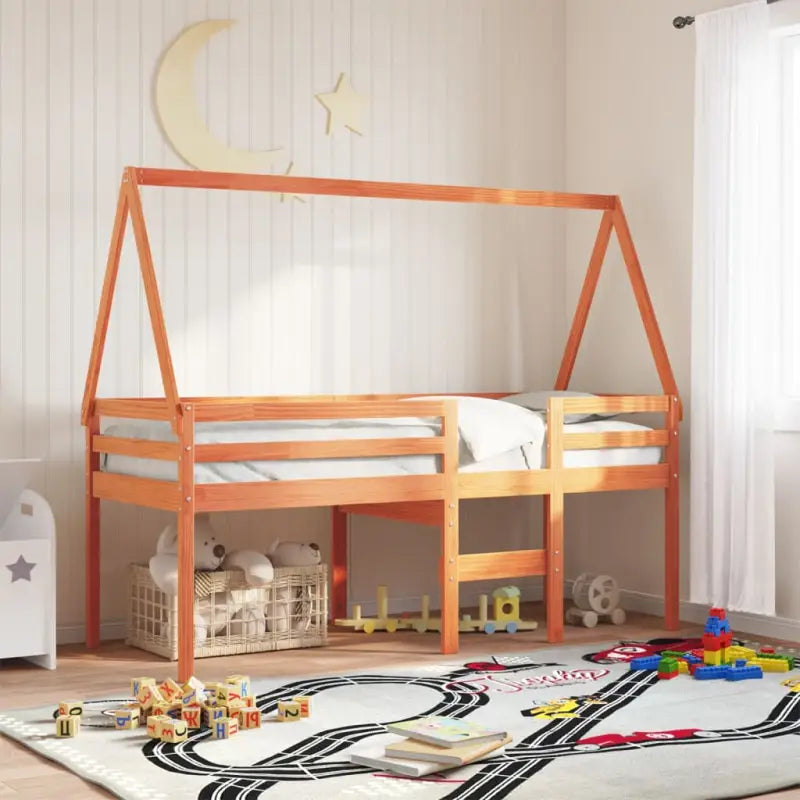 Bedhuisje voor kinderen van massief grenenhout met open zijdeur - Wasbruin / 209 x 95.5 x 88 cm - Accessoires