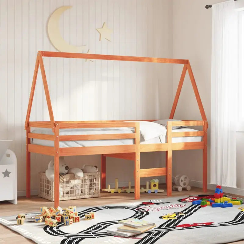 Bedhuisje voor kinderen van massief grenenhout met open zijdeur - Wasbruin / 199 x 80.5 x 88 cm - Accessoires