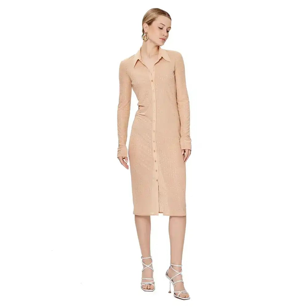 Beige long-sleeved button-down midi dress with a collar.