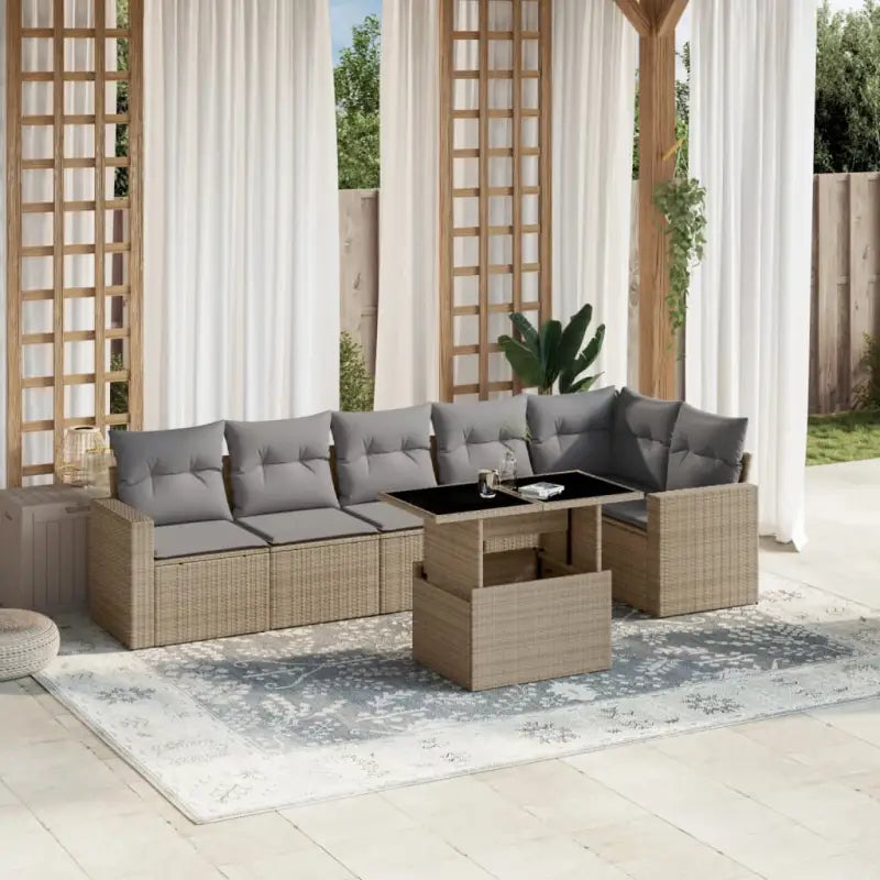 Beige materiaal loungeset met gepoedercoat staal en afmetingen voor tuin - Beige en grijs / Met tafel - Tuinsets