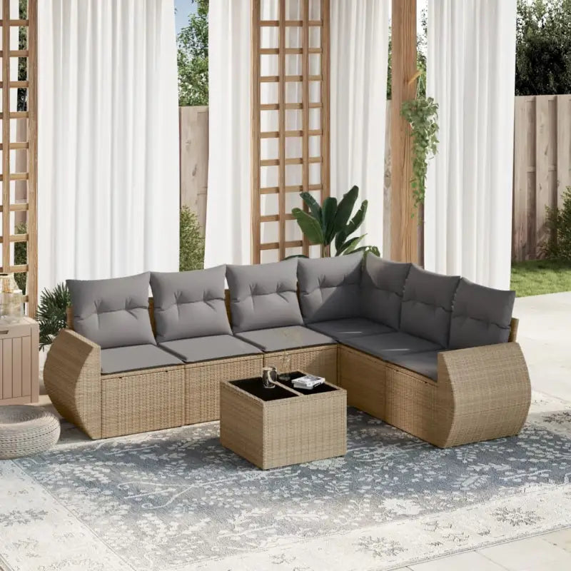 Beige materiaal loungeset met gepoedercoat staal en afmetingen voor tuin - Beige en grijs / Met tafel - Tuinsets