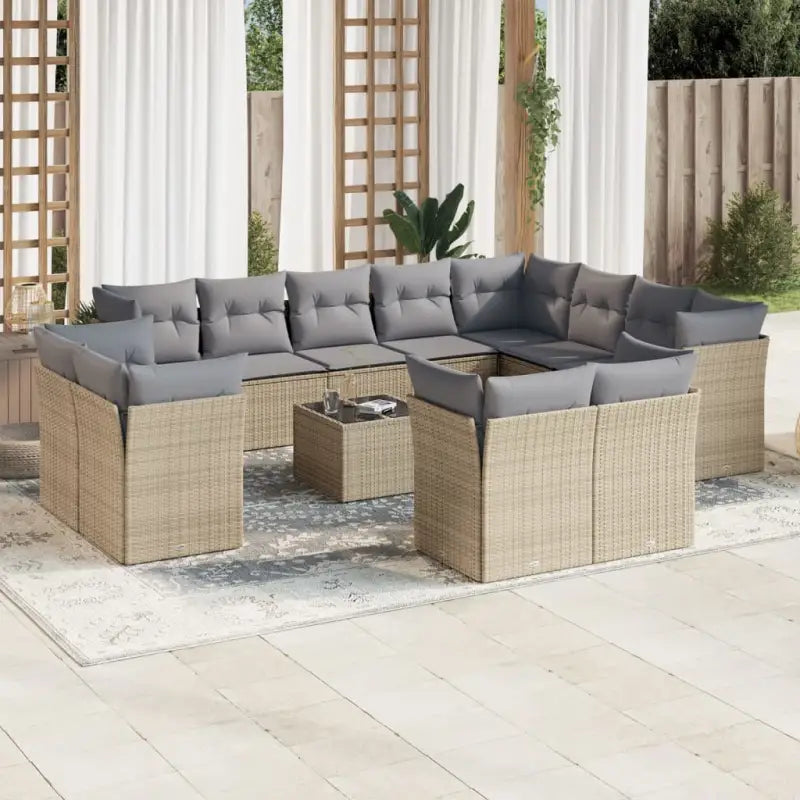 Beige materiaal loungeset met poly rattan en gepoedercoat staal - Beige en grijs / Met tafel - Tuinsets