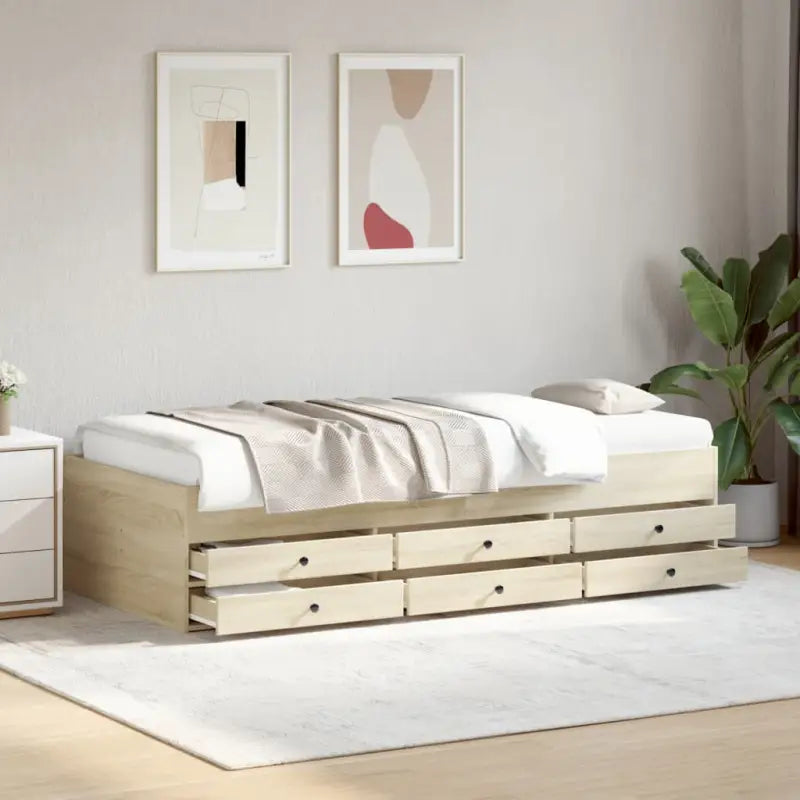 Bewerk hout 2-in-1 slaapbank met lades levering bevat - Sonoma eiken / 100 x 200 cm - Bedden & bedframes