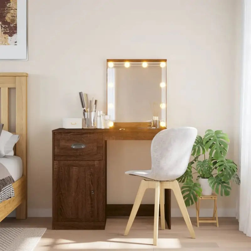 Bewerk hout kaptafel met spiegel en LED-verlichting voor de slaapkamer - bruin eikenkleur / 1 - Slaapkamerkaptafels