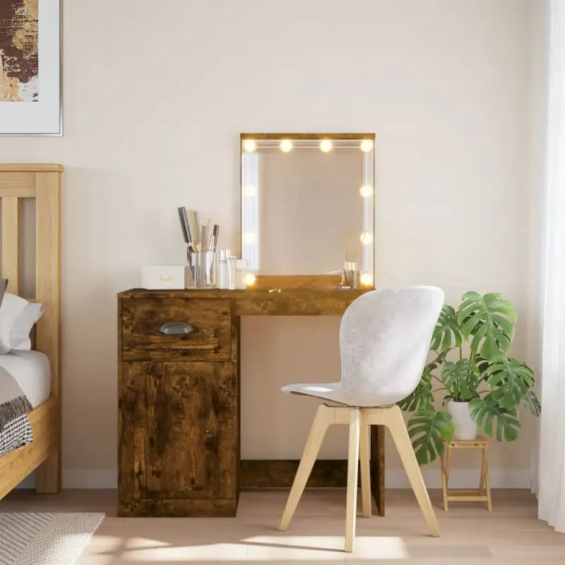 Bewerk hout kaptafel met spiegel en LED-verlichting voor de slaapkamer - Gerookt eiken / 1 - Slaapkamerkaptafels