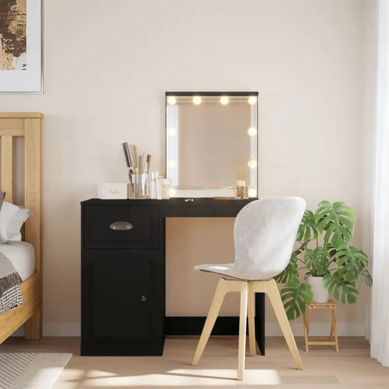 Bewerk hout kaptafel met spiegel en LED-verlichting voor de slaapkamer - Zwart / 1 - Slaapkamerkaptafels