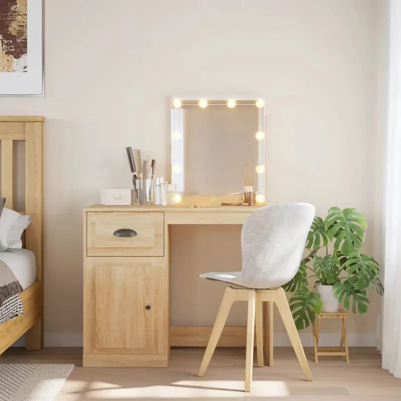 Bewerk hout kaptafel met spiegel en LED-verlichting voor de slaapkamer - Sonoma eiken / 1 - Slaapkamerkaptafels