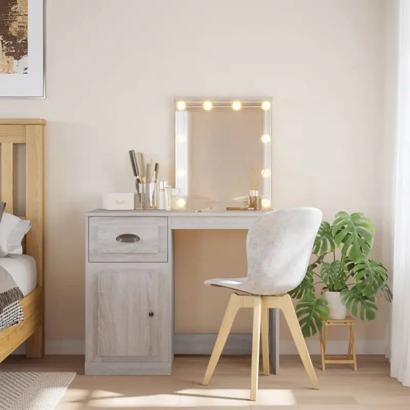 Bewerk hout kaptafel met spiegel en LED-verlichting voor de slaapkamer - Grijs sonoma / 1 - Slaapkamerkaptafels