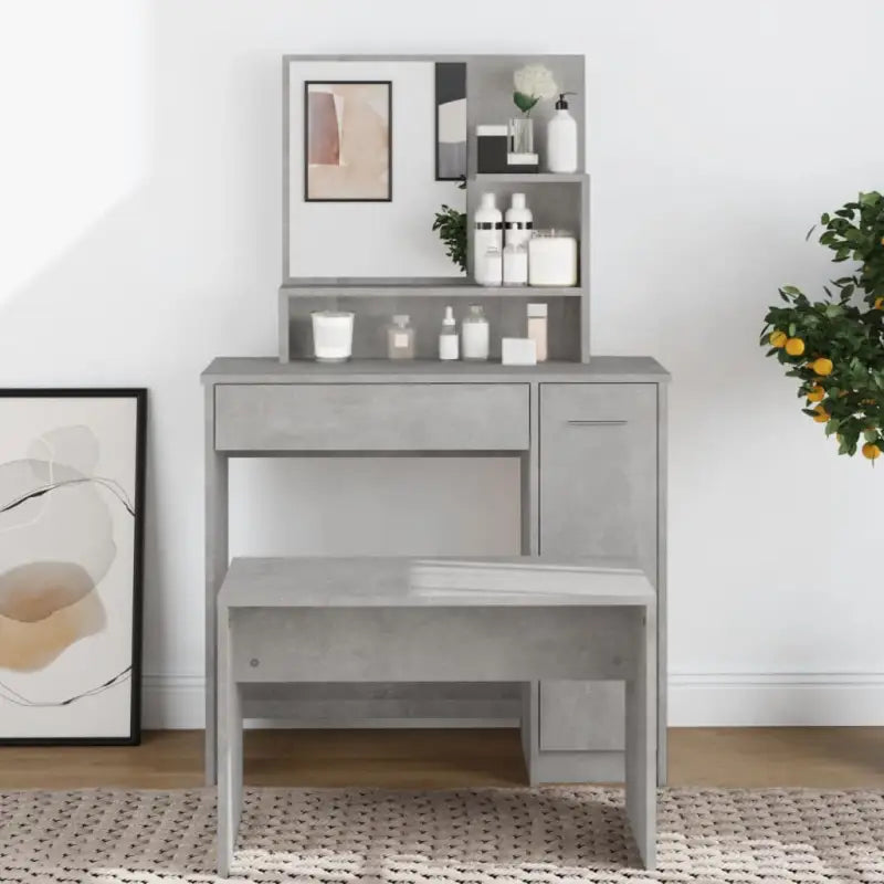 Bewerk hout kaptafel met spiegel voor een stijlvolle slaapkamer - Betongrijs / 1 - Slaapkamerkaptafels