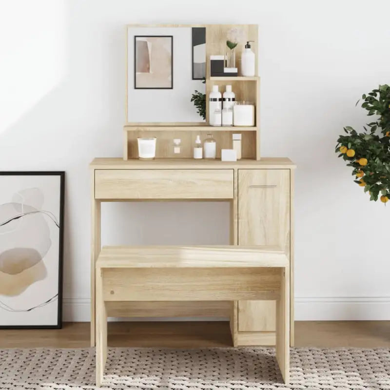 Bewerk hout kaptafel met spiegel voor een stijlvolle slaapkamer - Sonoma eiken / 1 - Slaapkamerkaptafels