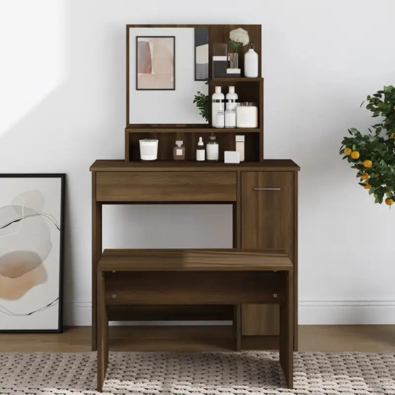 Bewerk hout kaptafel met spiegel voor een stijlvolle slaapkamer - bruin eikenkleur / 1 - Slaapkamerkaptafels