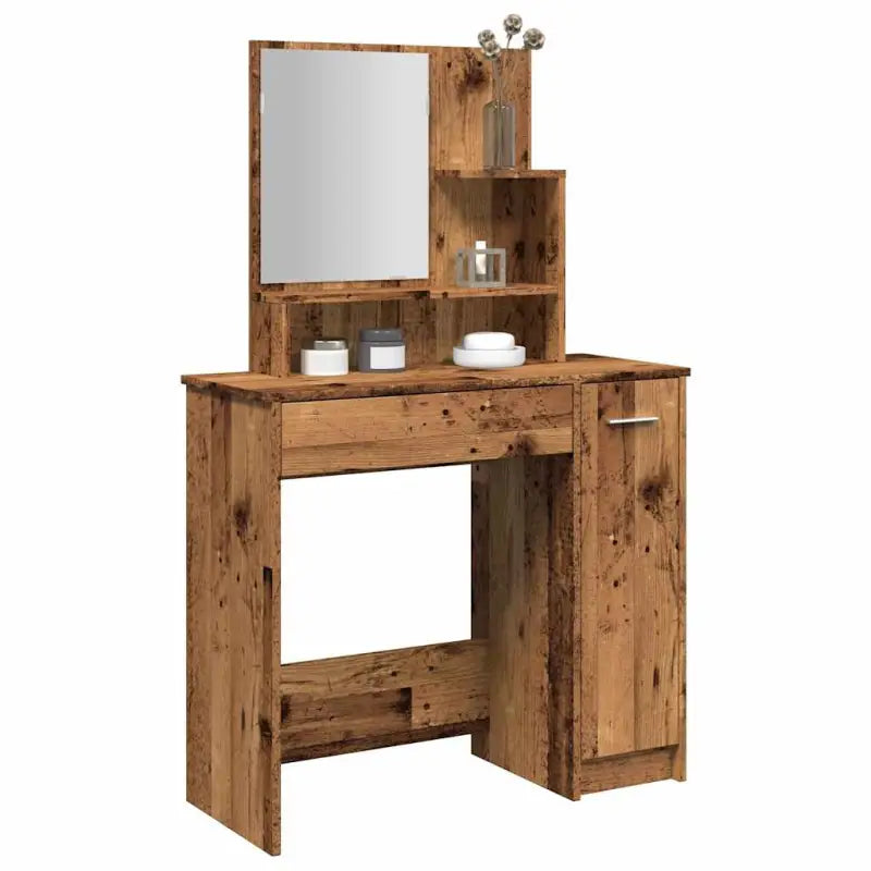 Bewerk hout kaptafel met spiegel voor een stijlvolle slaapkamer - Oud hout / 1 - Slaapkamerkaptafels