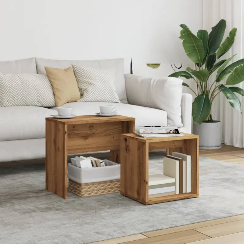 Bewerk hout kleine salontafels set voor kleine ruimtes - artisanaal eikenkleurig / 1 - Salontafels