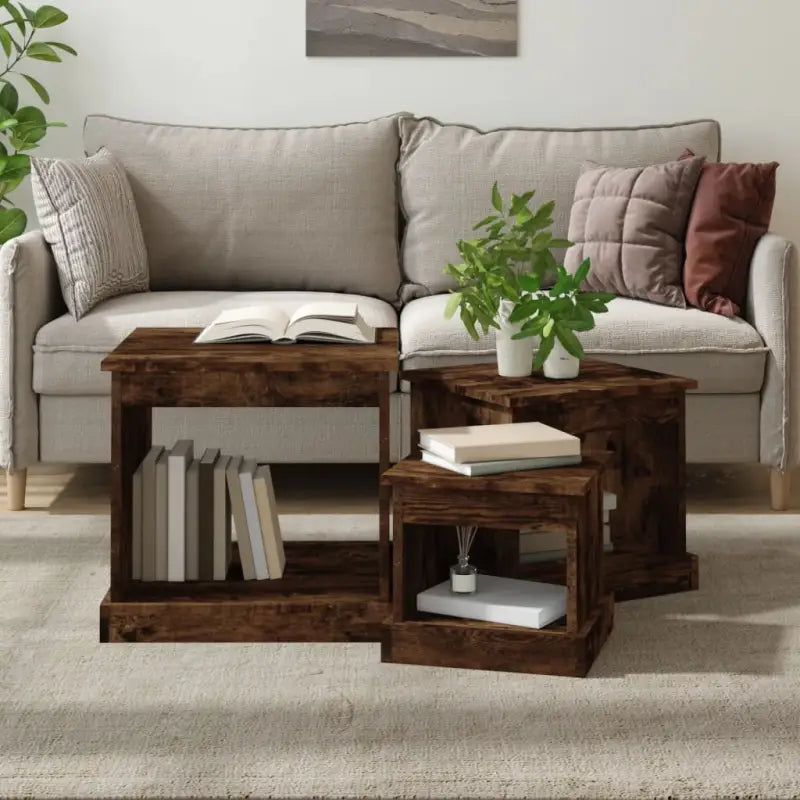 Bewerk hout salontafelset met grote en kleine tafels voor je woonkamer - Gerookt eiken / 3 - Salontafels