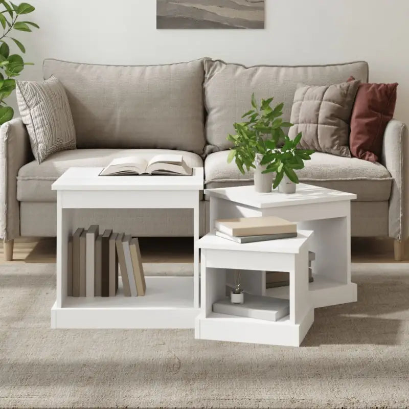 Bewerk hout salontafelset met grote en kleine tafels voor je woonkamer - Wit / 3 - Salontafels