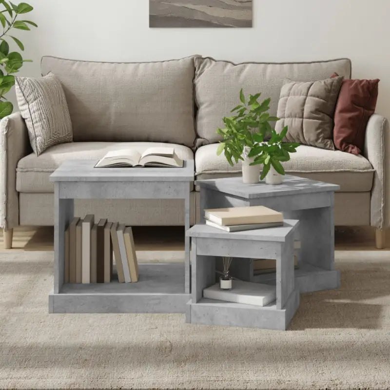 Bewerk hout salontafelset met grote en kleine tafels voor je woonkamer - Betongrijs / 3 - Salontafels