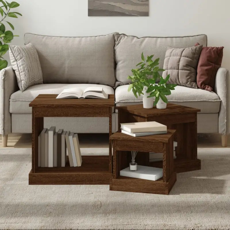 Bewerk hout salontafelset met grote en kleine tafels voor je woonkamer - bruin eikenkleur / 3 - Salontafels
