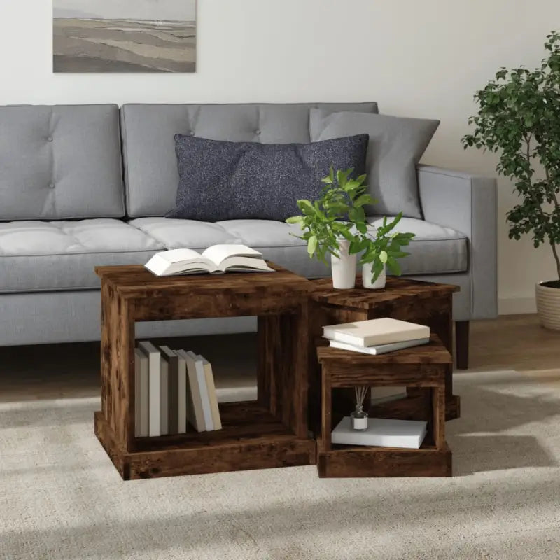 Bewerk hout salontafelset met grote en kleine tafels voor je woonkamer - Salontafels