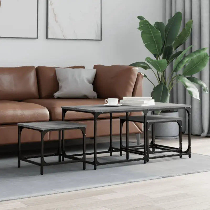 Bewerk hout slimme set van elkaar passende salontafels voor kleine ruimtes - Grijs sonoma / 3 - Salontafels