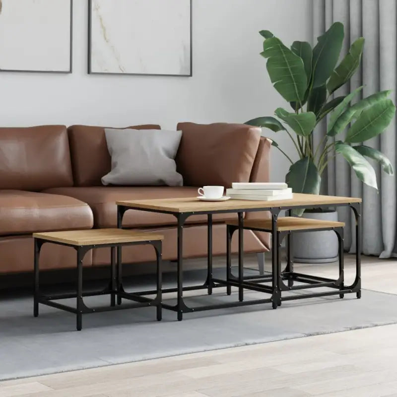 Bewerk hout slimme set van elkaar passende salontafels voor kleine ruimtes - Sonoma eiken / 3 - Salontafels