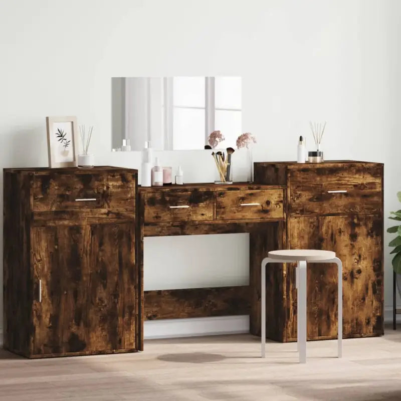Bewerk hout stijlvolle slaapkamermeubelsets met make-uptafel binnen handbereik - Gerookt eiken - Slaapkamermeubelsets