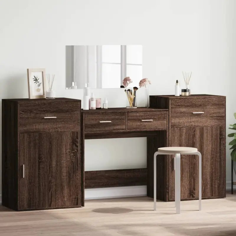 Bewerk hout stijlvolle slaapkamermeubelsets met make-uptafel binnen handbereik - bruin eikenkleur - Slaapkamermeubelsets