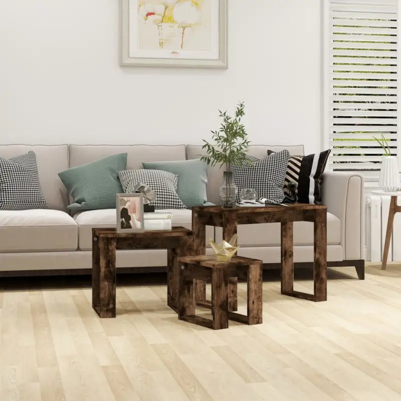 Bewerkt hout bijzettafels voor kleine ruimtes en moderne woonstijl - Gerookt eiken / 3 - Bijzettafels