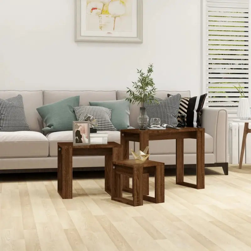 Bewerkt hout bijzettafels voor kleine ruimtes en moderne woonstijl - bruin eikenkleur / 3 - Bijzettafels