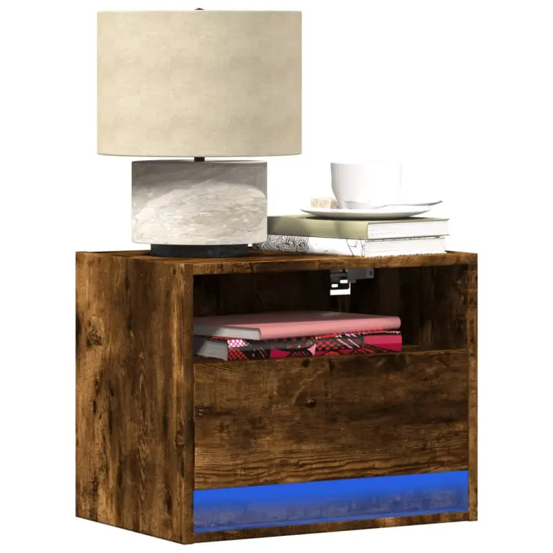 Bewerkt hout muur nachtkastjes met LED-verlichting voor elke slaapkamer - Gerookt eiken / 1 - Nachtkastjes