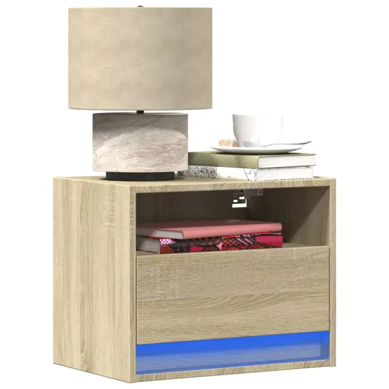 Bewerkt hout muur nachtkastjes met LED-verlichting voor elke slaapkamer - Sonoma eiken / 2 - Nachtkastjes