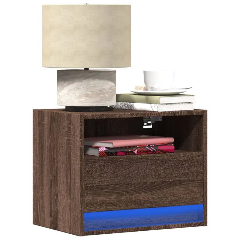 Bewerkt hout muur nachtkastjes met LED-verlichting voor elke slaapkamer - bruin eikenkleur / 2 - Nachtkastjes