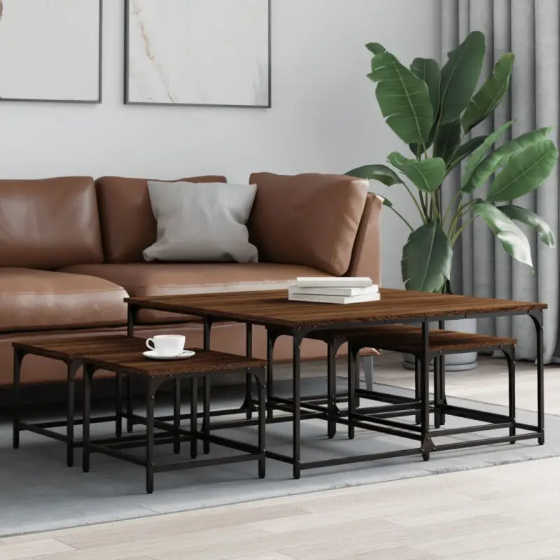 Bewerkt hout salontafels met elkaar passende kleine tafels voor compacte ruimtes - bruin eikenkleur / 1 - Salontafels