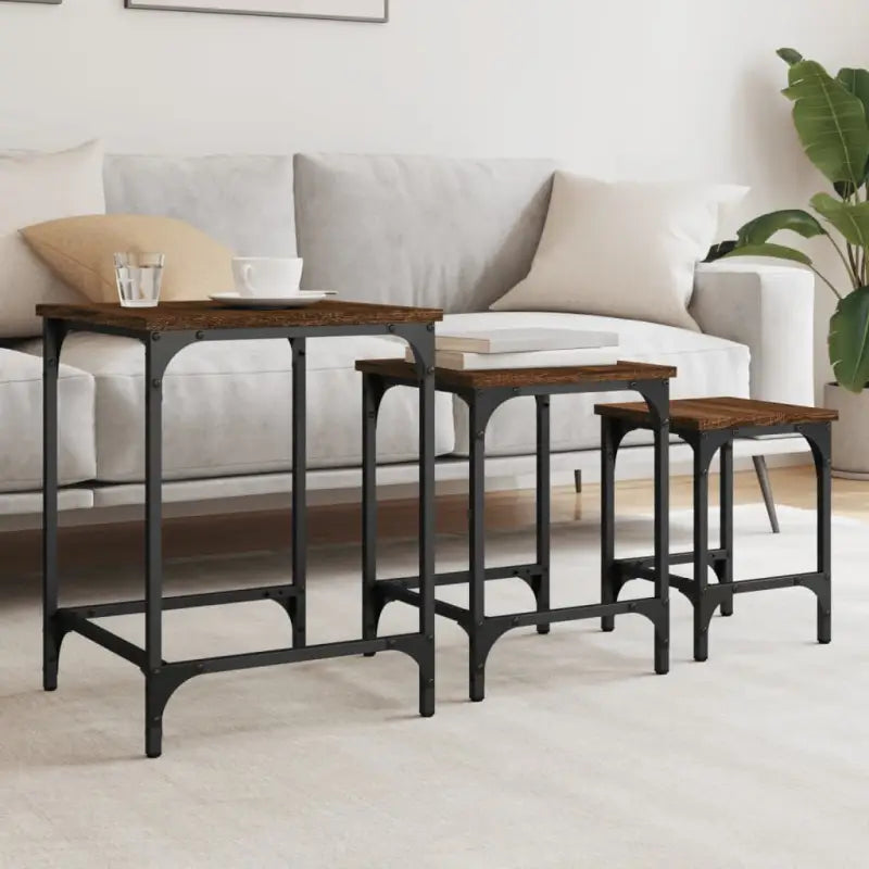 Bewerkt hout salontafelset met metalen frame voor kleine ruimtes - bruin eikenkleur / 3 - Salontafels