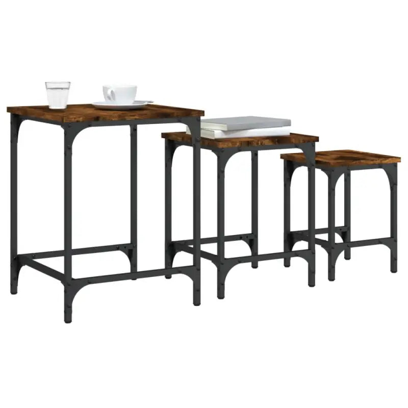 Bewerkt hout salontafelset met metalen frame voor kleine ruimtes - Salontafels