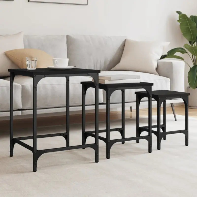 Bewerkt hout salontafelset met metalen frame voor kleine ruimtes - Zwart / 3 - Salontafels