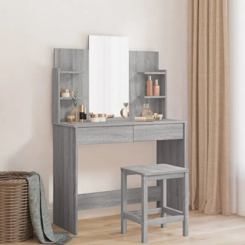 Bewerkt hout slaapkamerkaptafel met spiegel in hoogglans wit - Grijs sonoma / 1 - Slaapkamerkaptafels