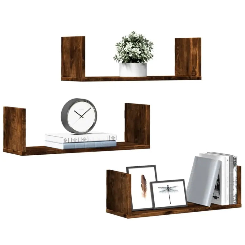 Bewerkt hout zwevende schappen voor stijlvolle en duurzame muurdecoratie - Gerookt eiken / 58 x 18 x 18 cm / 1