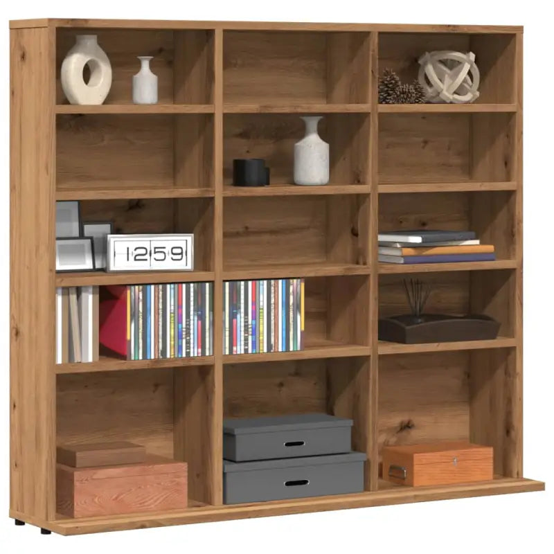 Bewerkte hout cd en dvd kast met open vakken voor je muziekcollectie - artisanaal eikenkleurig / 100 x 23 x 89.5 cm / 1