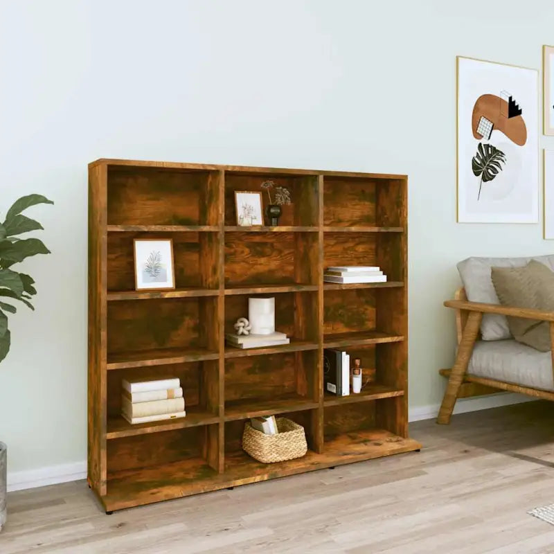 Bewerkte hout cd en dvd kast met open vakken voor je muziekcollectie - Gerookt eiken / 100 x 23 x 89.5 cm / 1 - Cd- &