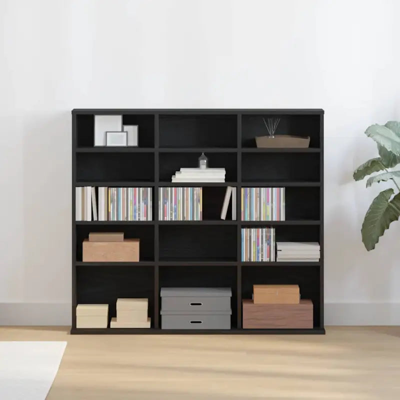Bewerkte hout cd en dvd kast met open vakken voor je muziekcollectie - Zwart eiken / 100 x 23 x 89.5 cm / 1 - Cd- &