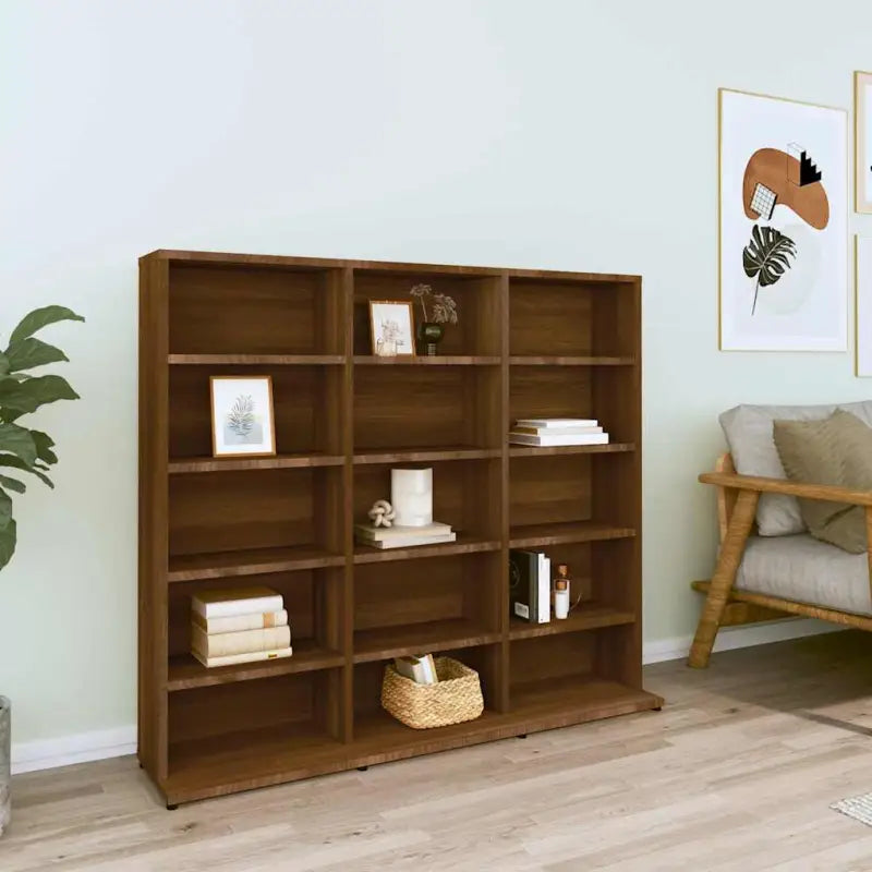 Bewerkte hout cd en dvd kast met open vakken voor je muziekcollectie - bruin eikenkleur / 100 x 23 x 89.5 cm / 1 - Cd-
