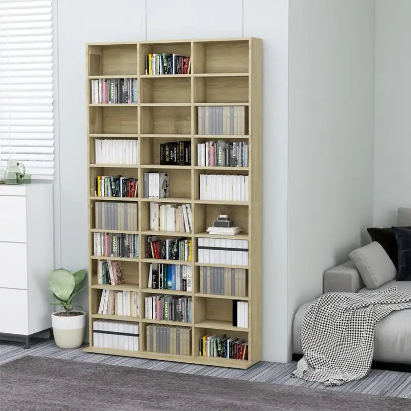 Bewerkte hout cd en dvd kast met open vakken voor je muziekcollectie - Sonoma eiken / 102 x 16 x 177.5 cm / 1 - Cd- &