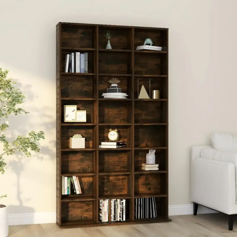 Bewerkte hout cd en dvd kast met open vakken voor je muziekcollectie - Gerookt eiken / 102 x 23 x 177.5 cm / 1 - Cd- &